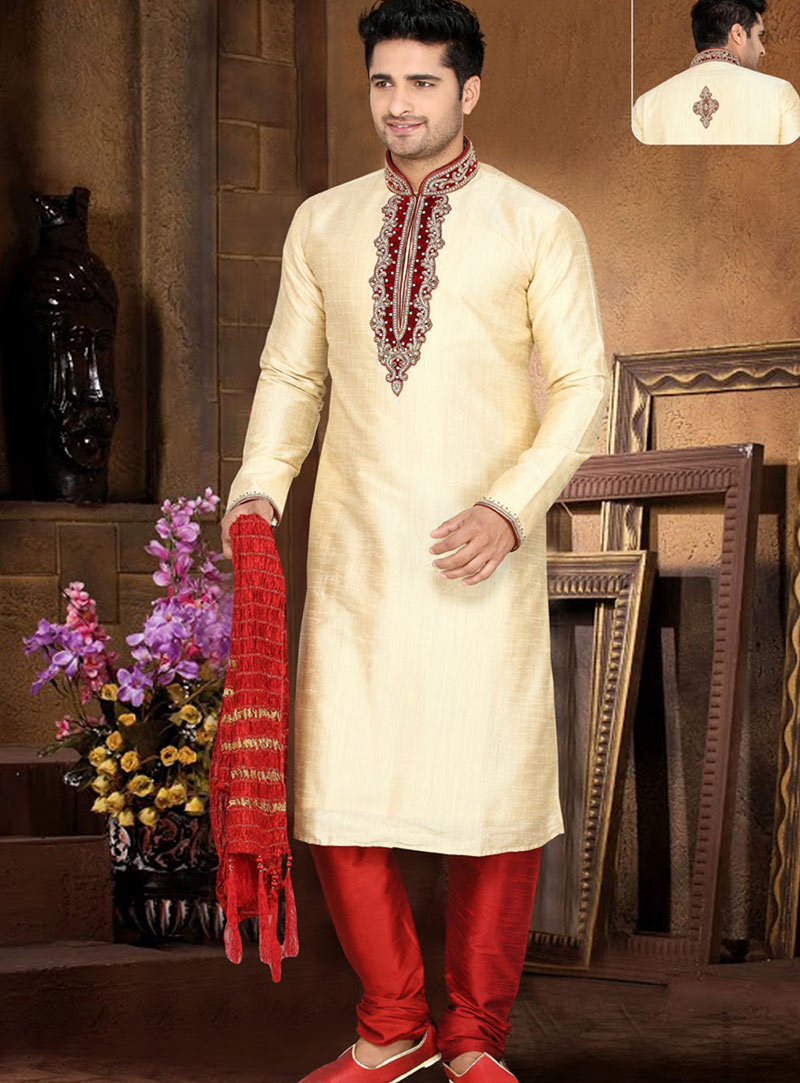 Cream Art Silk Kurta With Churidar 47861