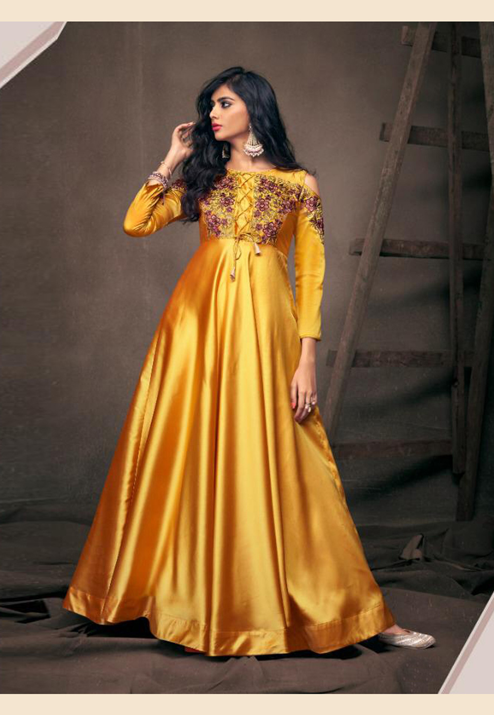 Yellow Taffeta Readymade Gown 166868