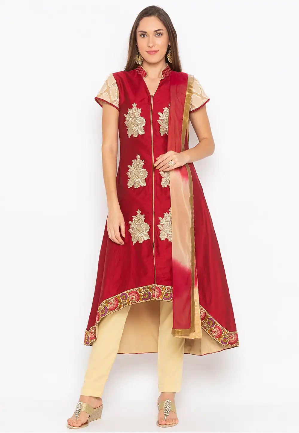 Maroon Cotton Silk Readymade Pant Style Suit 223467