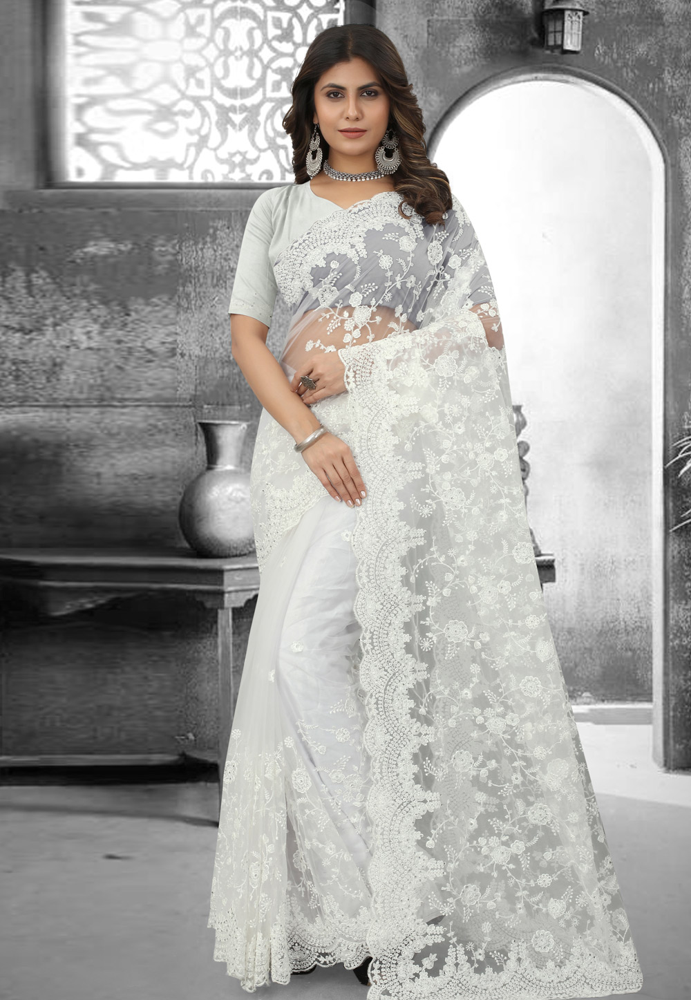 Off White Net Saree With Blouse 265836