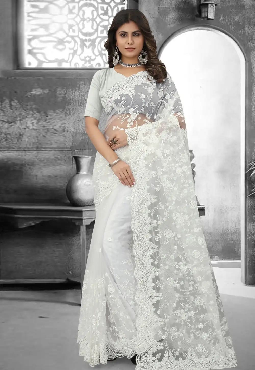 Off White Net Saree With Blouse 265836