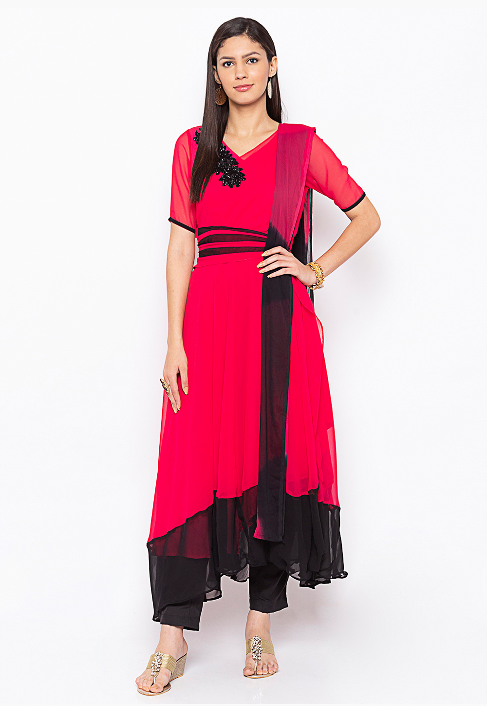Magenta Georgette Readymade Pant Style Suit 235543