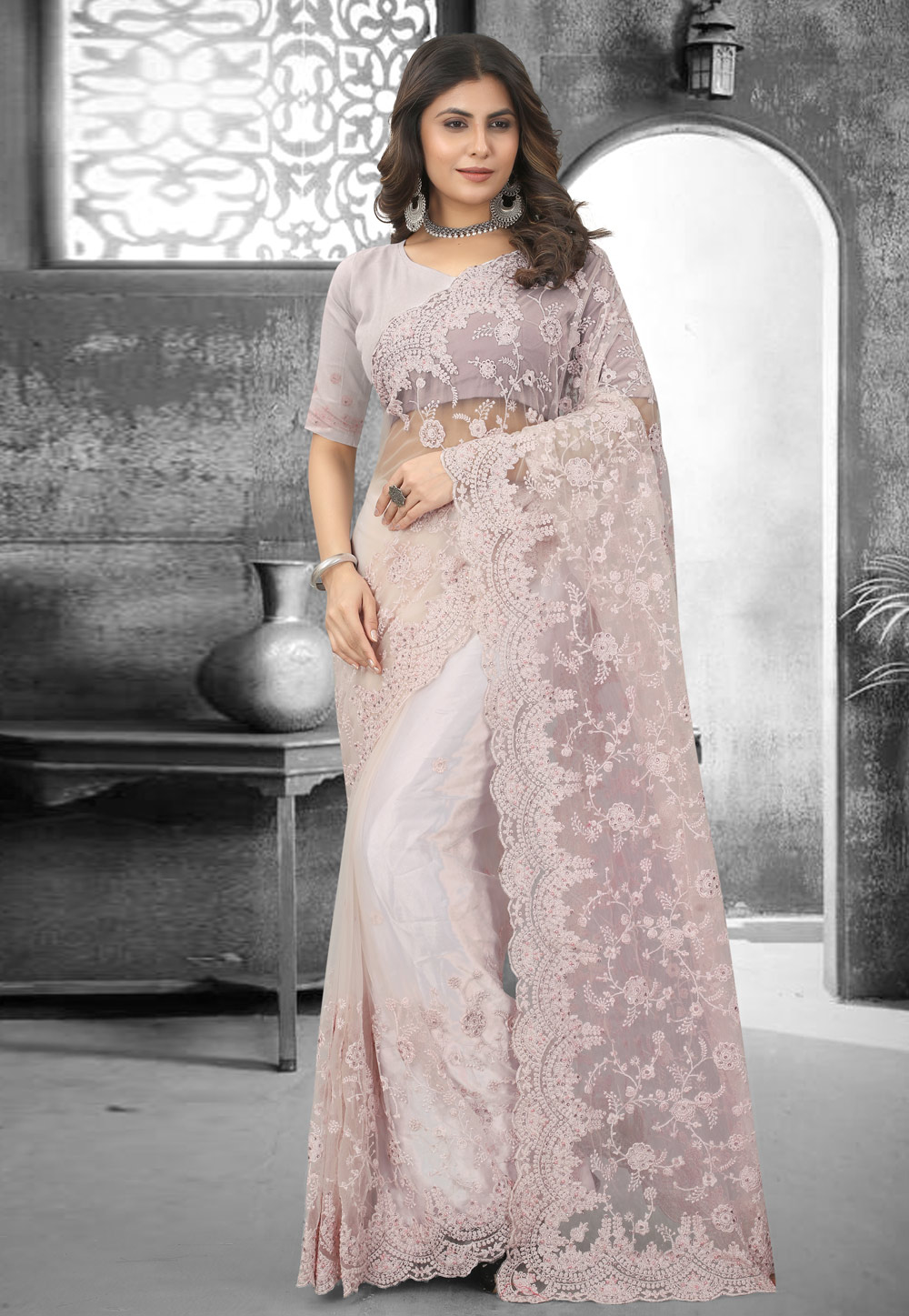 Light Pink Net Saree With Blouse 265840