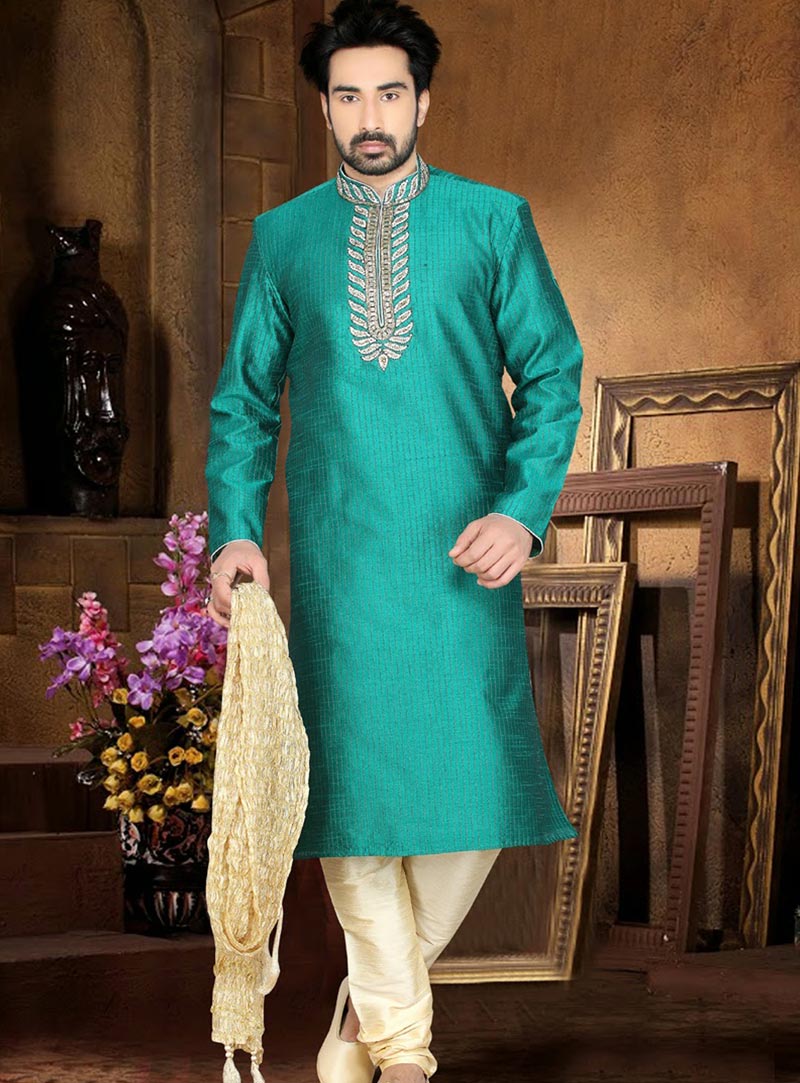 Teal Art Silk Kurta With Churidar 47869