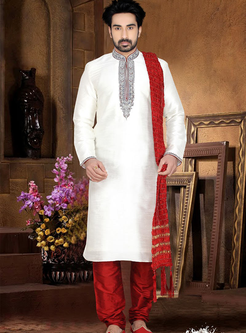White Art Dupian Silk Kurta With Churidar 47696