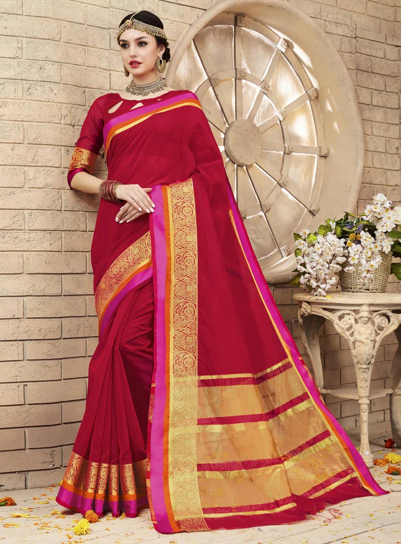 Red Cotton Festival Wear Saree 91521