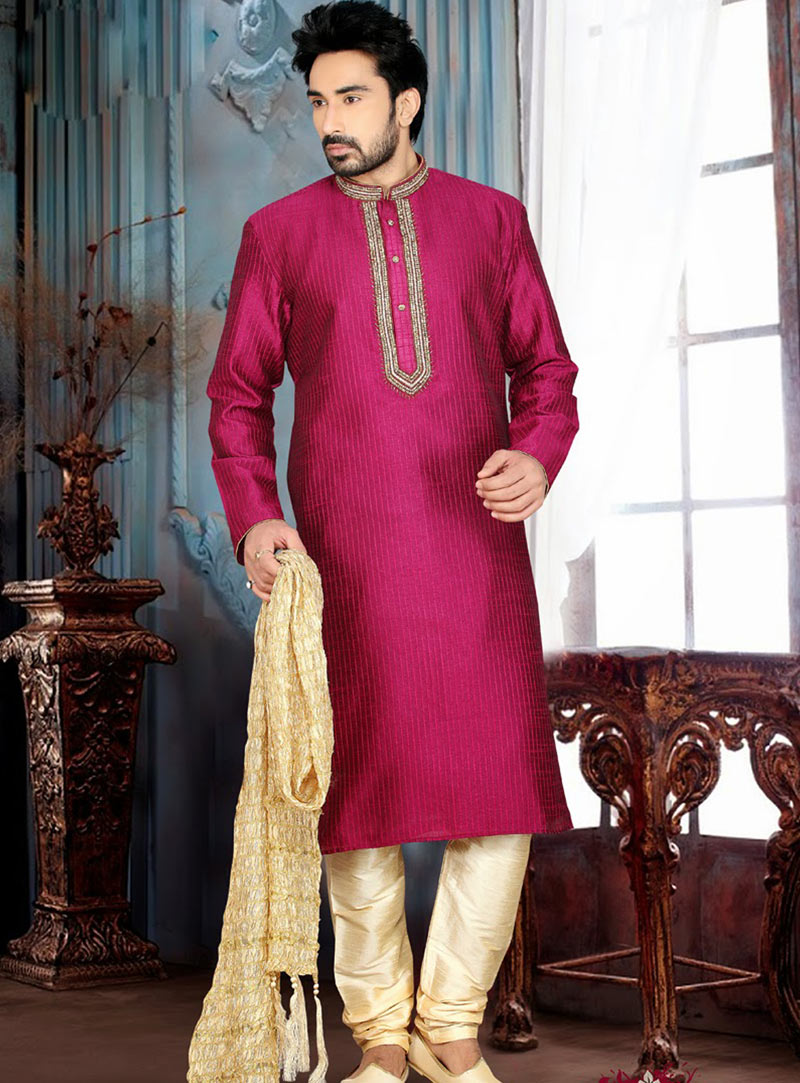 Magenta Art Silk Kurta With Churidar 47698