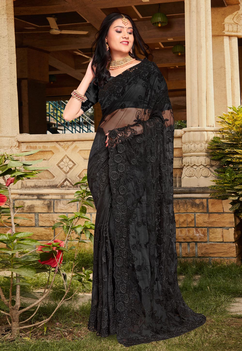 Black Net Saree With Blouse 267041