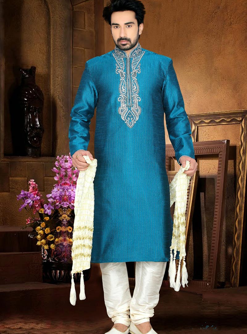 Turquoise Art Silk Kurta With Churidar 47699
