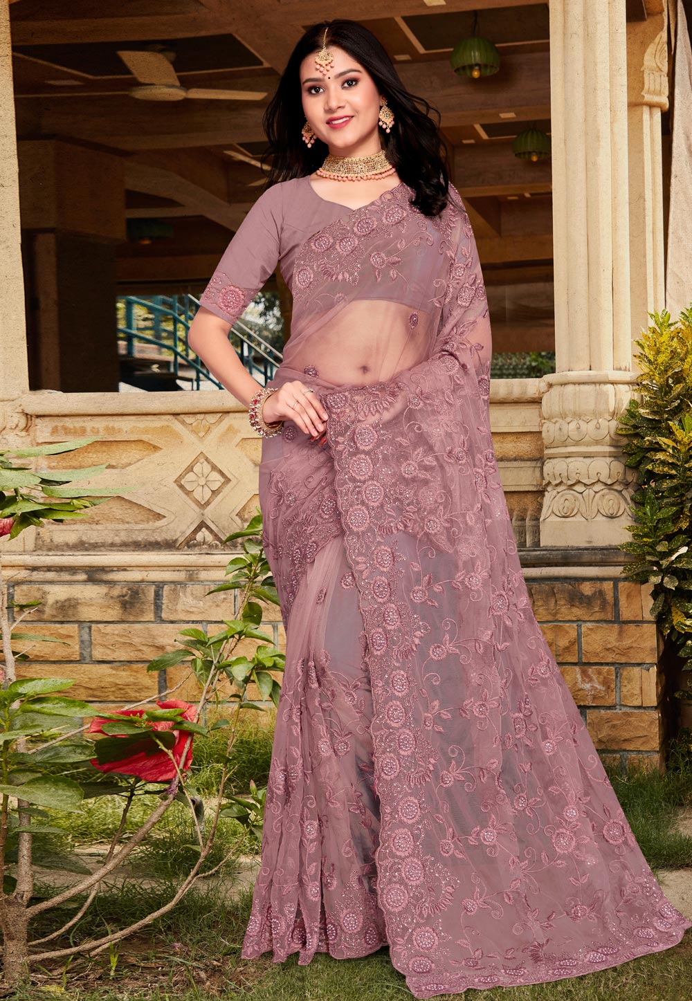 Pink Net Saree With Blouse 267044