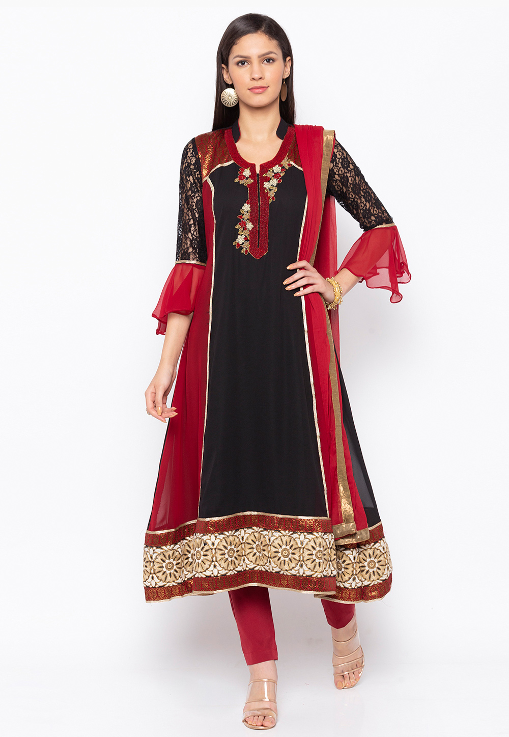 Black Georgette Readymade Pant Style Suit 223473