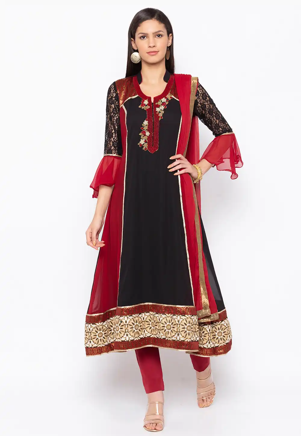 Black Georgette Readymade Pant Style Suit 223473