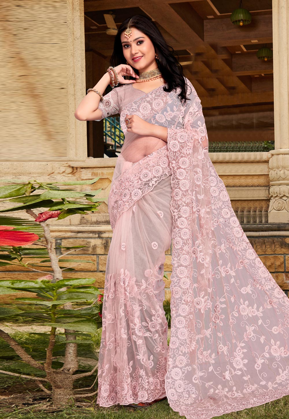 Light Pink Net Saree With Blouse 267045