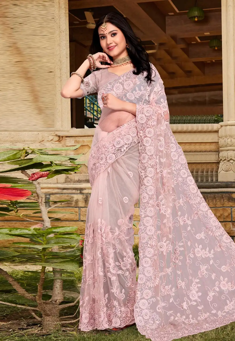 Light Pink Net Saree With Blouse 267045