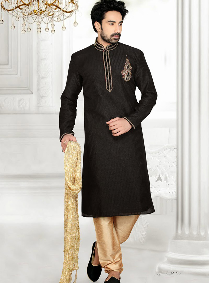 Black Art Silk Wedding Kurta With Churidar 47703