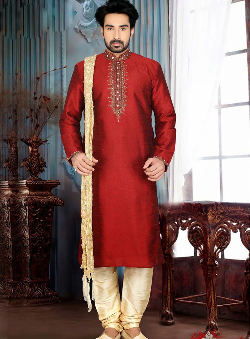 Red Art Dupian Silk Kurta With Churidar 47708