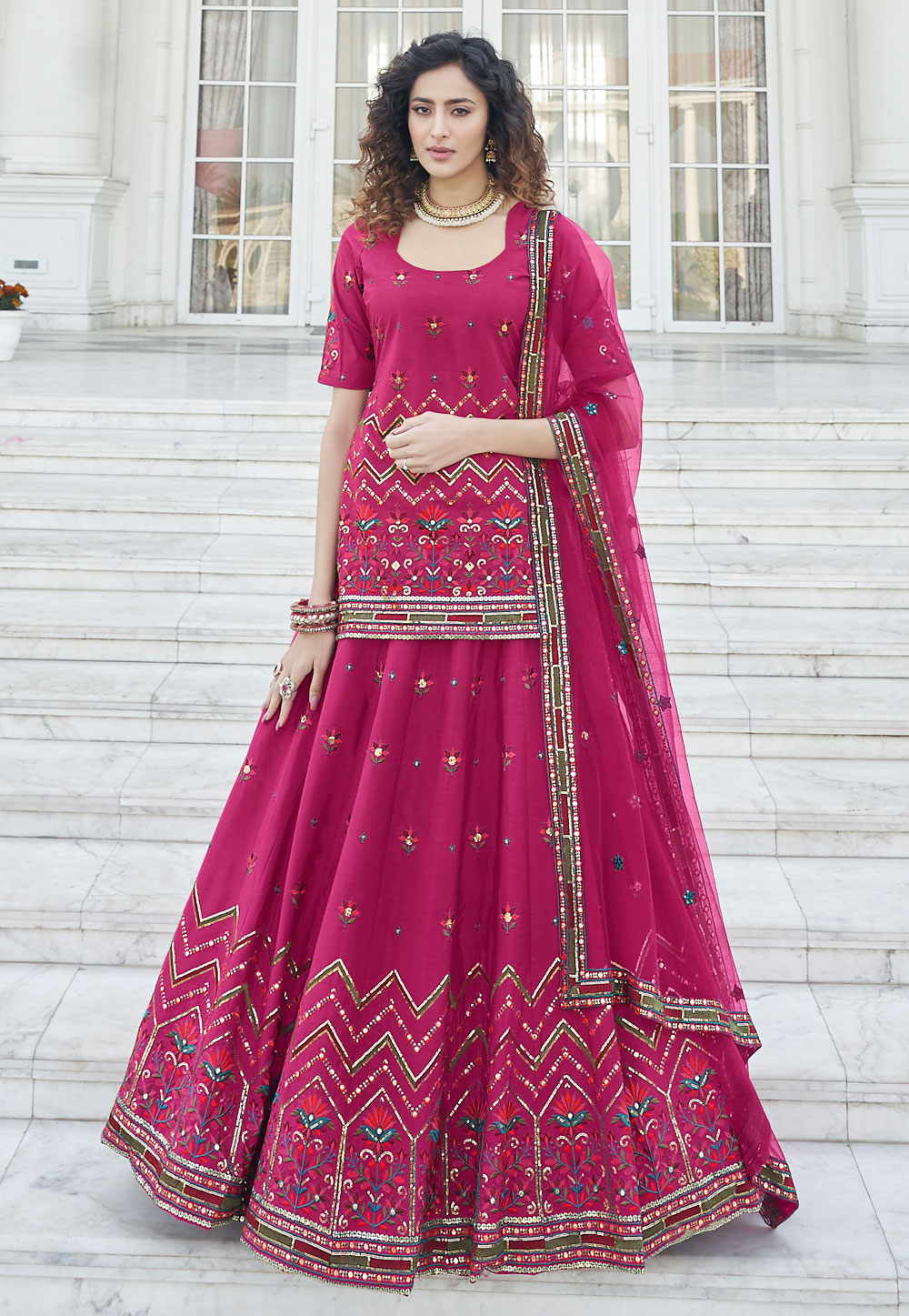 Magenta Chinon Chiffon Lacha Suit 246029