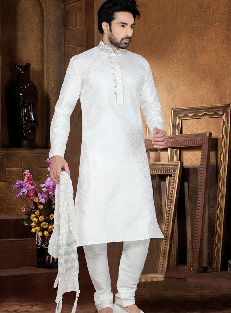 White Jacquard Wedding Kurta With Churidar 47709