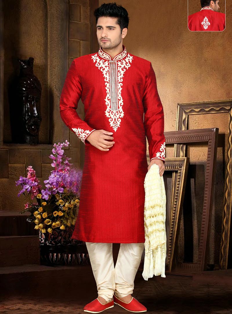 Red Art Silk Kurta With Churidar 47711