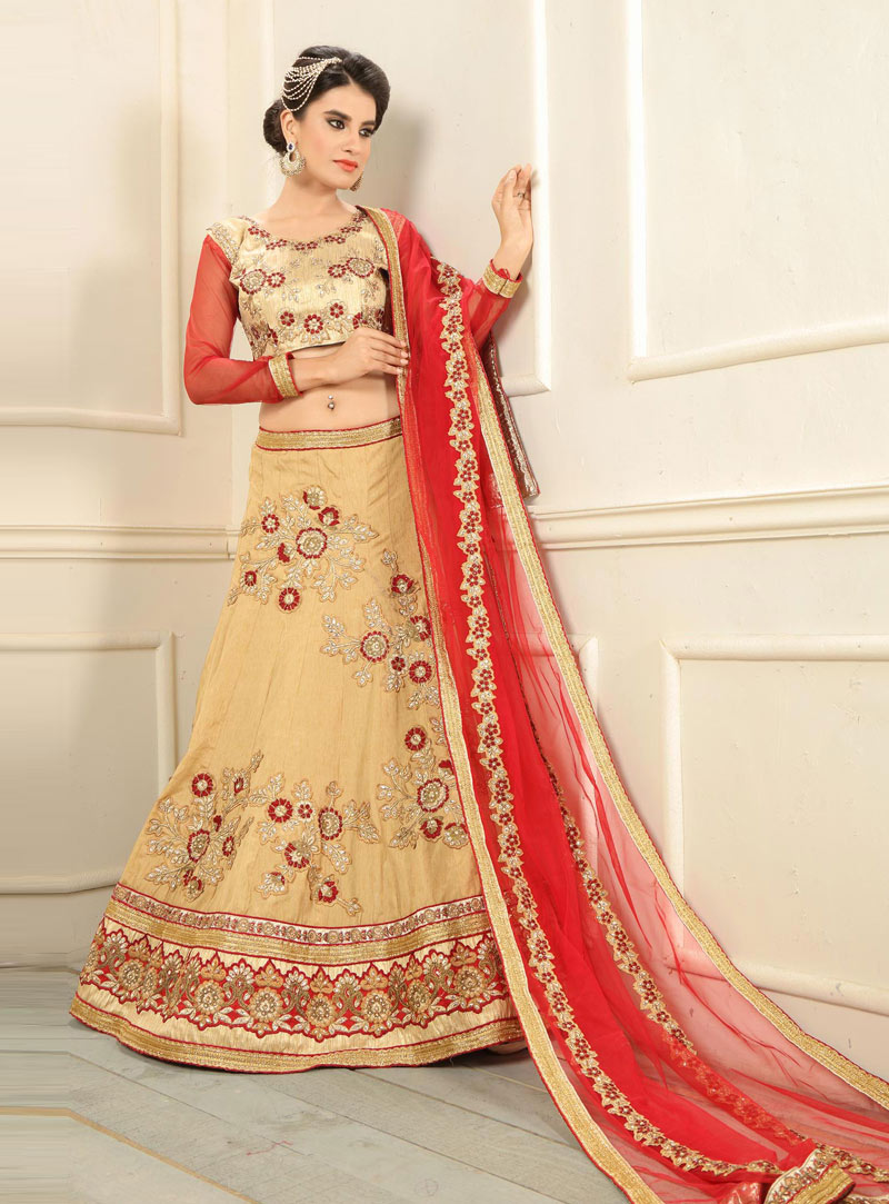 Beige Silk Embroidery Work A Line Lehenga Choli 91621