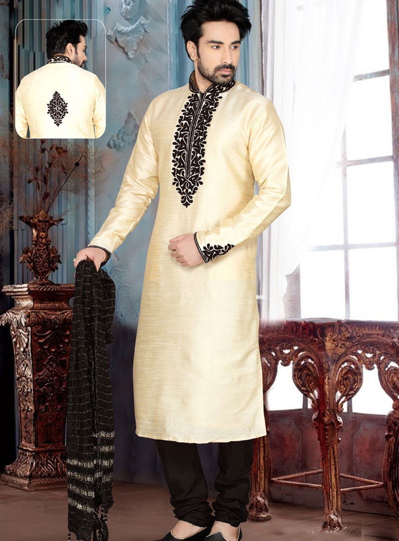 Cream Art Dupian Silk Party Wear Kurta With Churidar 47713