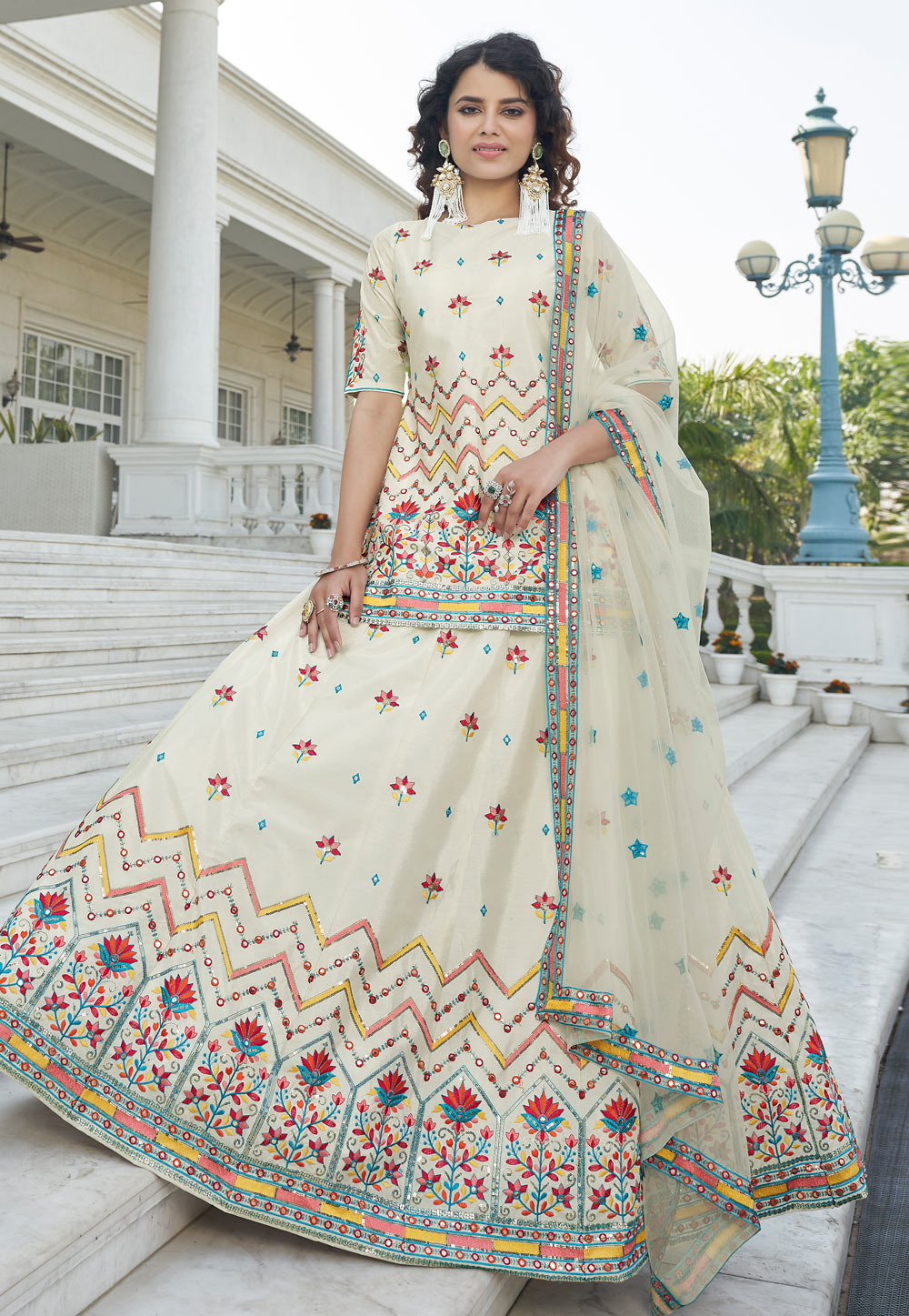 Off White Chinon Chiffon Lacha Suit 246034