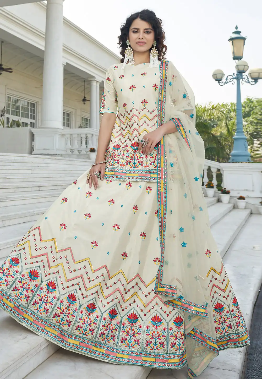 Off White Chinon Chiffon Lacha Suit 246034