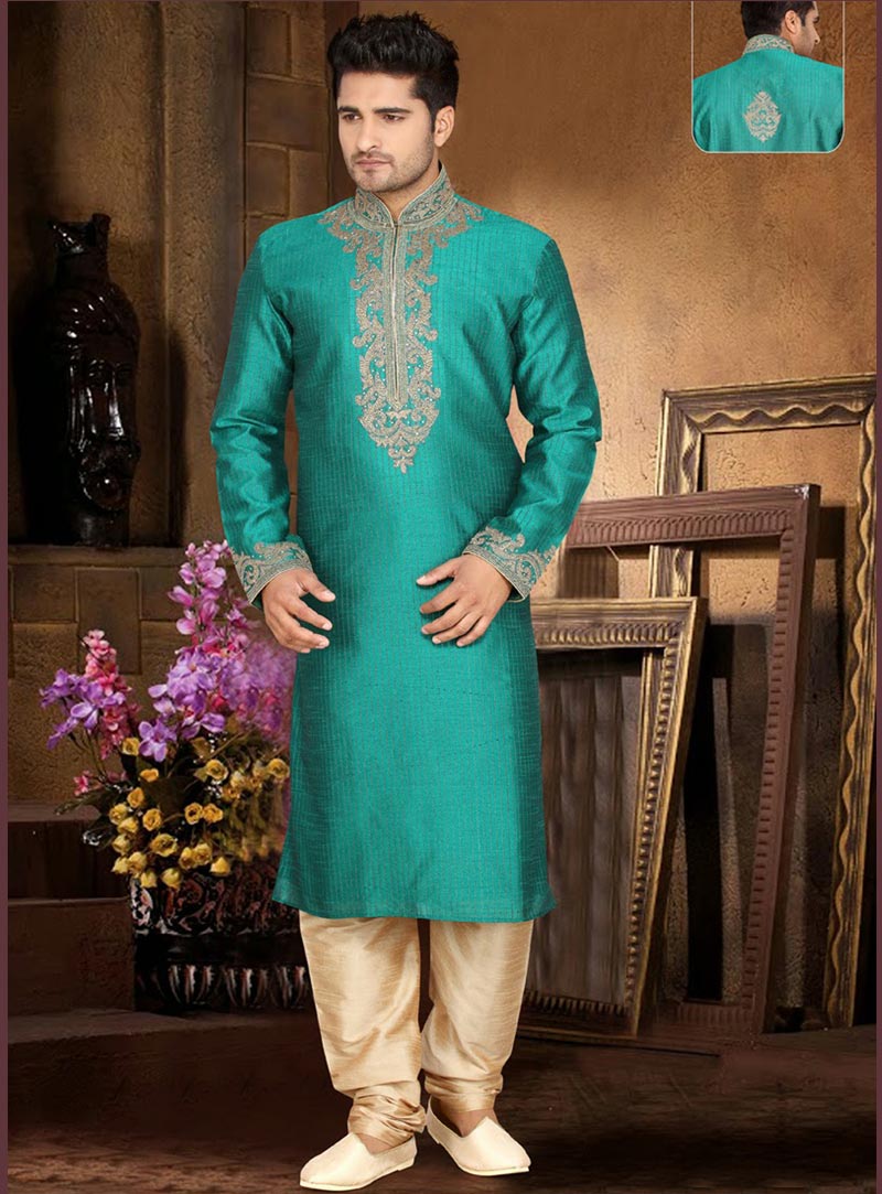 Teal Art Silk Kurta With Churidar 47715