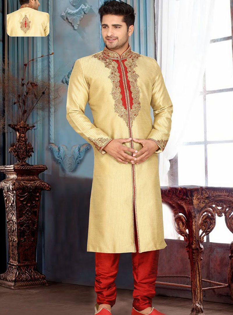 Beige Art Silk Wedding Kurta With Churidar 47716
