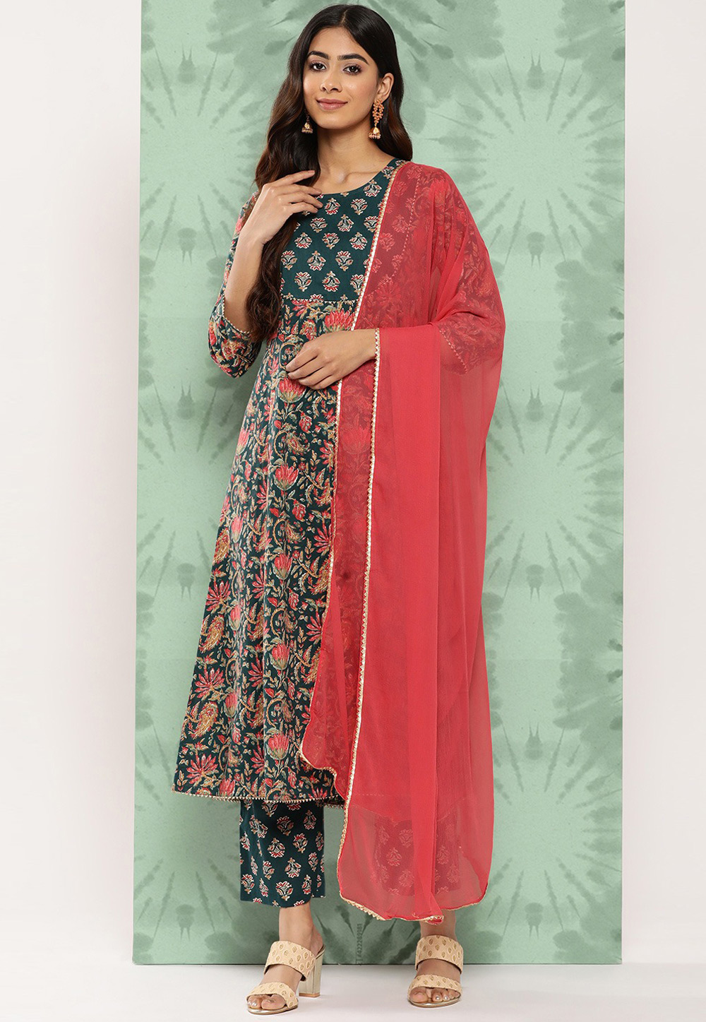 Green Cotton Readymade Pakistani Suit 266828