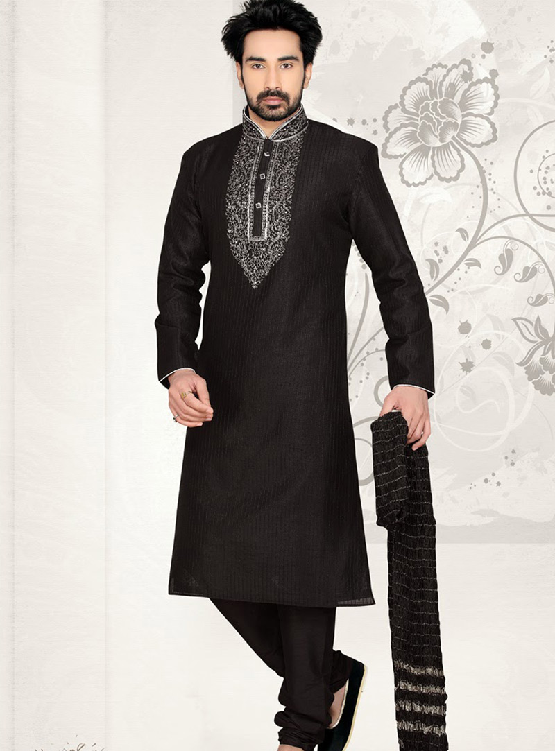 Black Art Silk Wedding Kurta With Churidar 47726