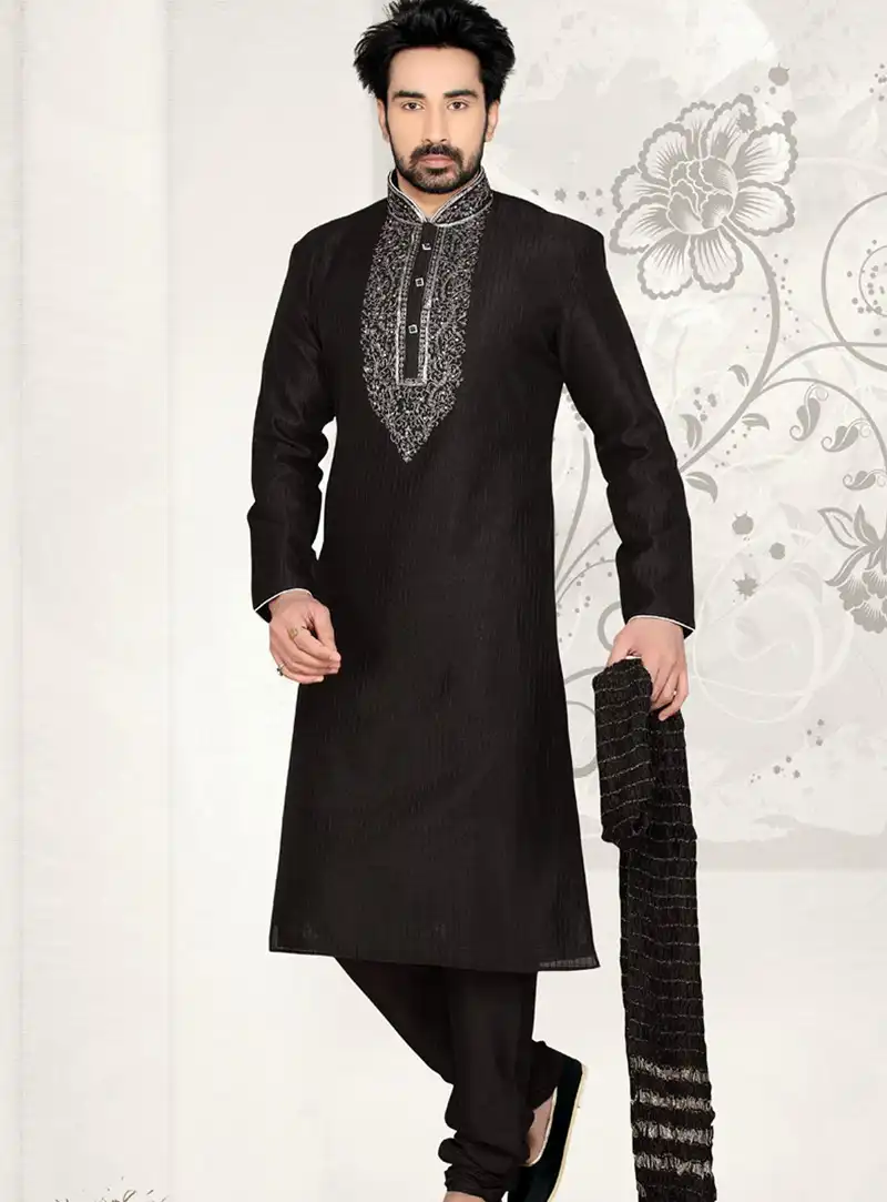 Black Art Silk Wedding Kurta With Churidar 47726