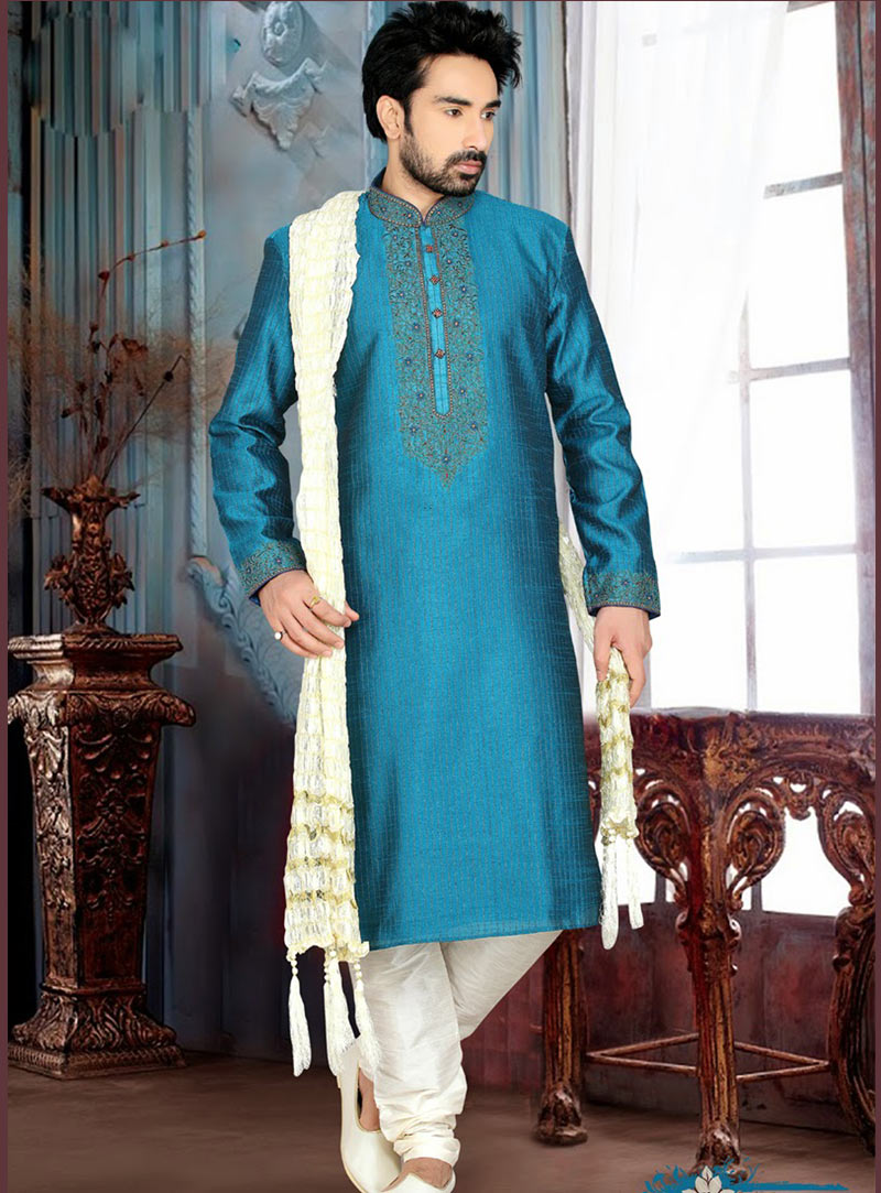 Blue Art Silk Kurta With Churidar 47727
