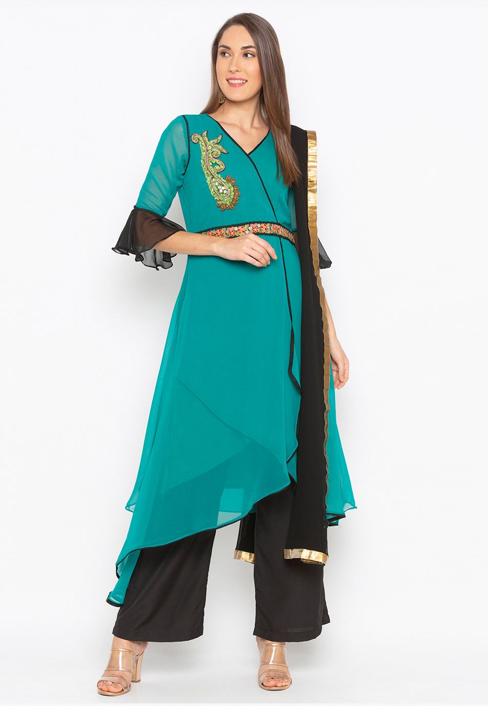 Turquoise Georgette Readymade Palazzo Suit 223484