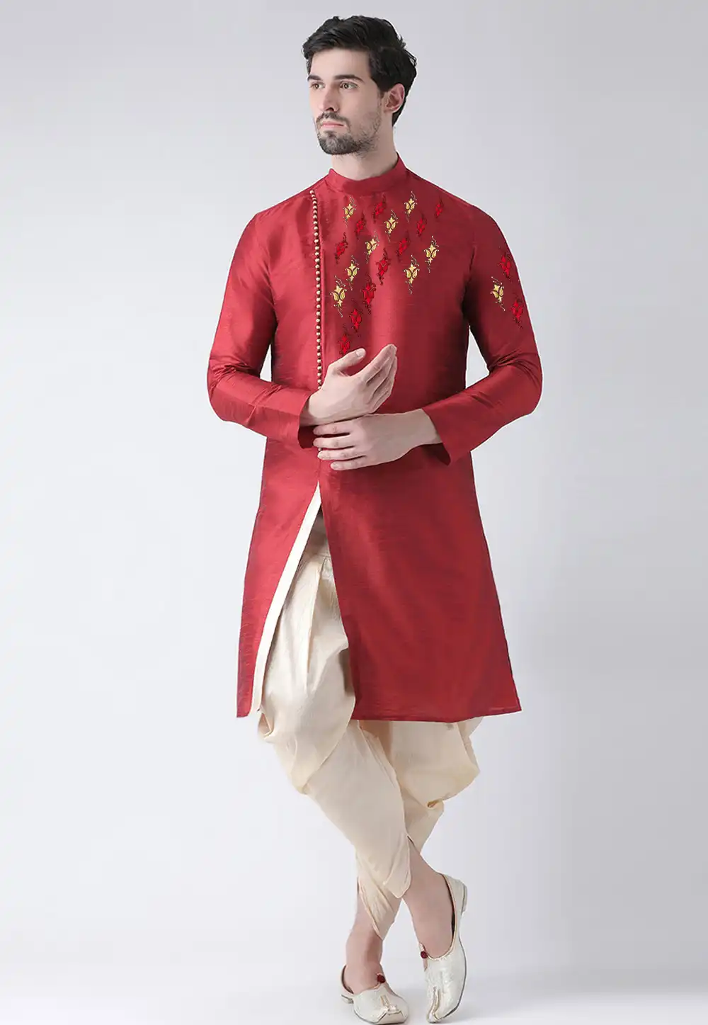 Maroon Dupion Silk Dhoti Kurta 236199