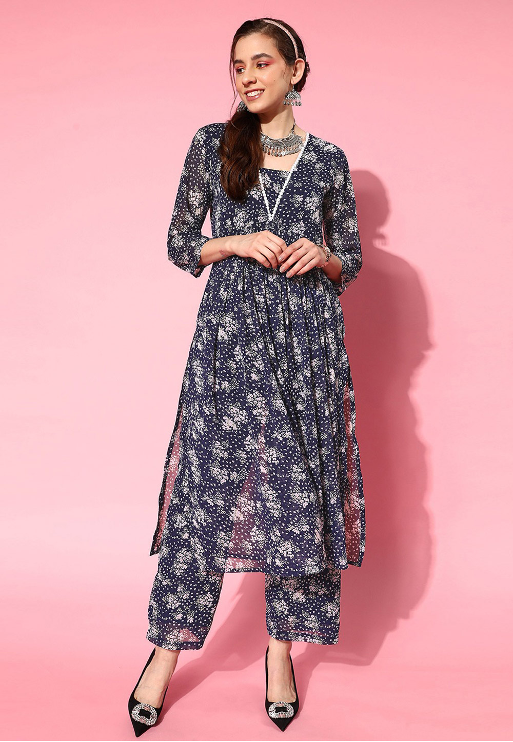 Navy Blue Silk Georgette Kurta Set With Palazzo 269736