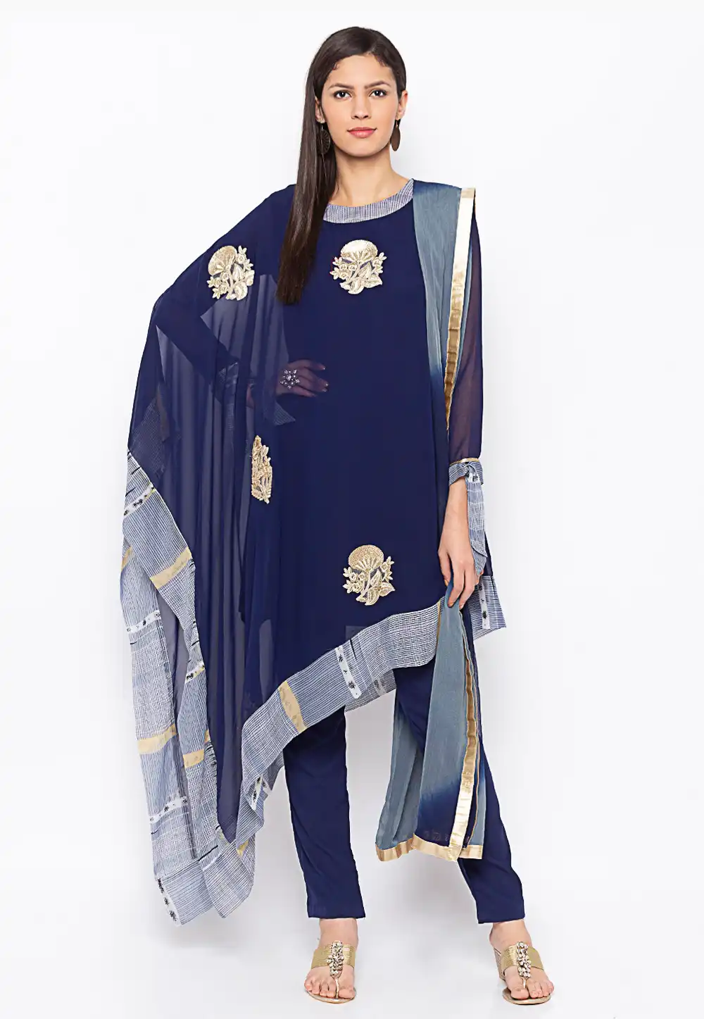 Navy Blue Georgette Readymade Pant Style Suit 235549