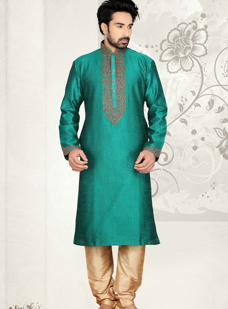 Teal Art Silk Kurta With Churidar 47729