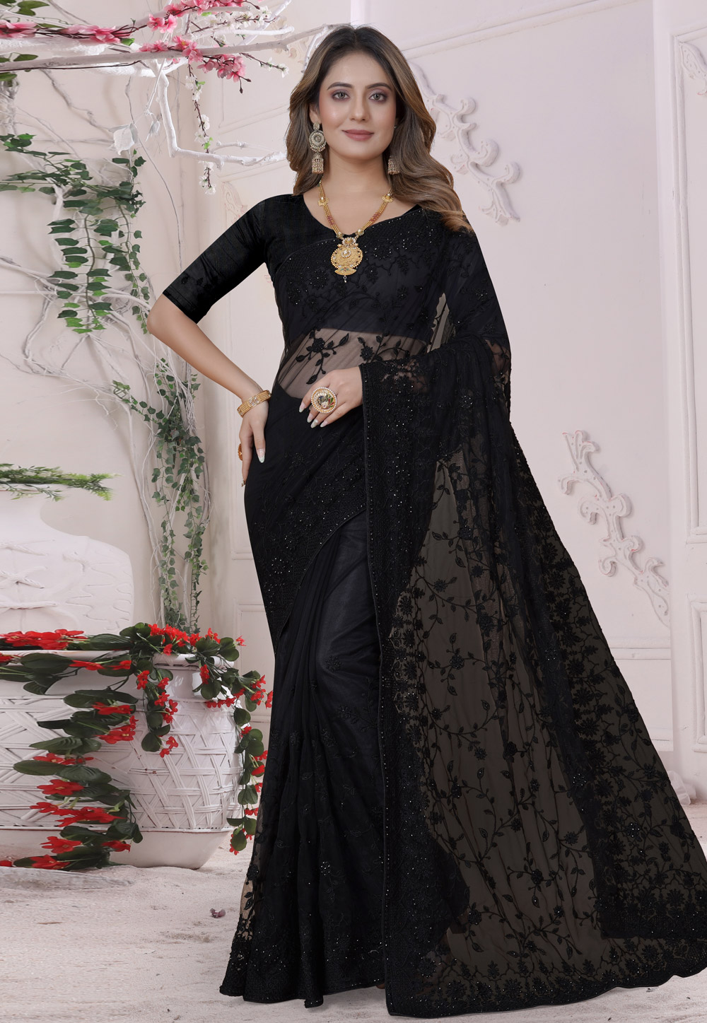Black Net Saree With Blouse 269794