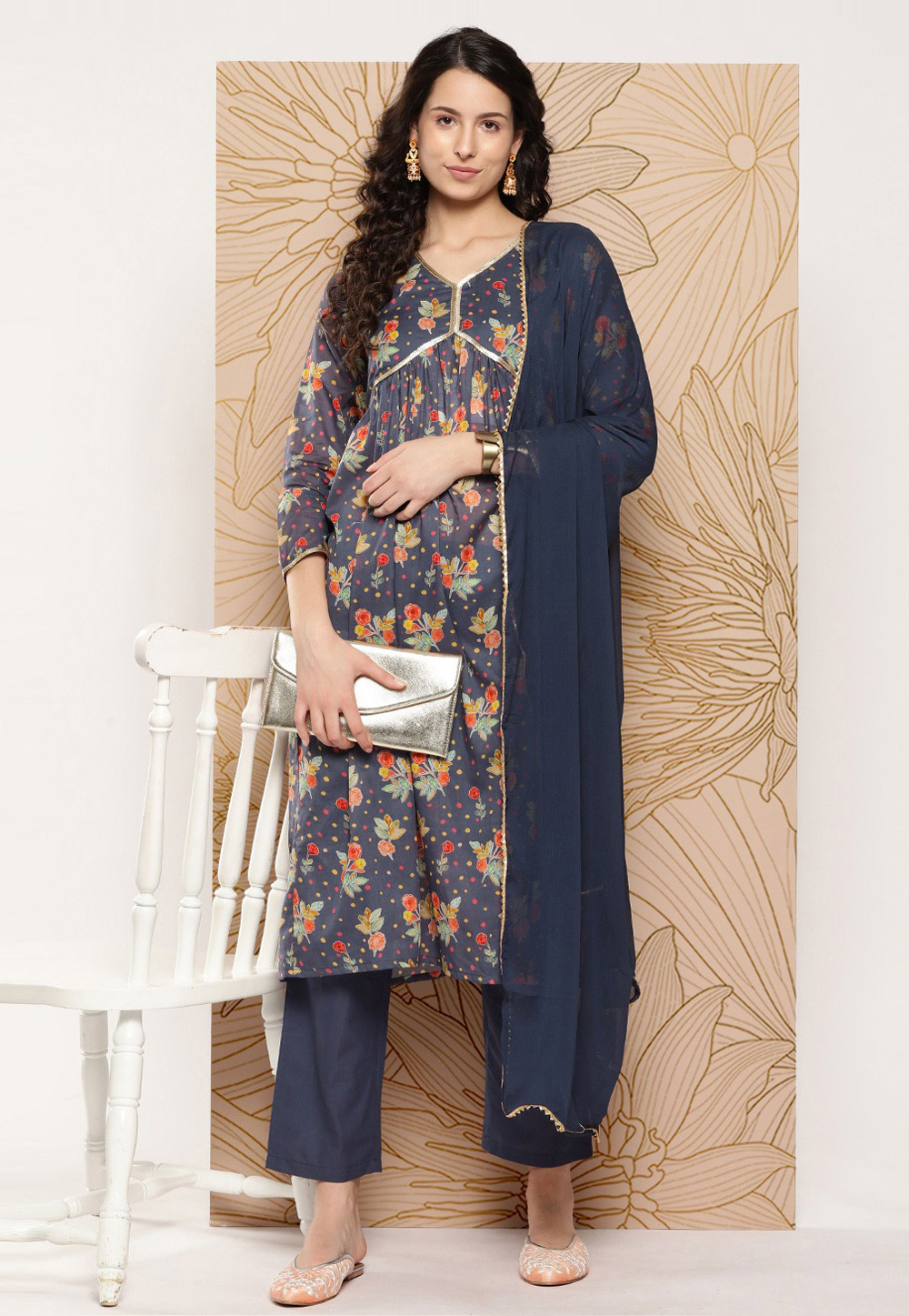 Navy Blue Cotton Readymade Pakistani Suit 269753
