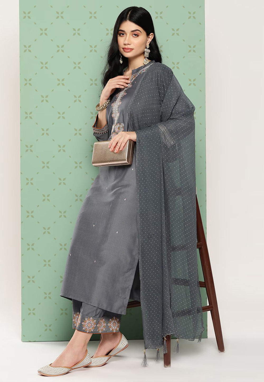 Grey Silk Readymade Pakistani Suit 269762
