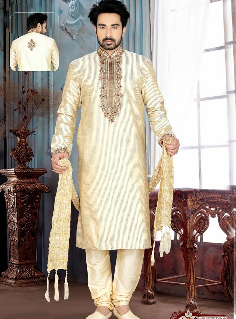 Cream Art Dupian Silk Party Wear Kurta With Churidar 47731