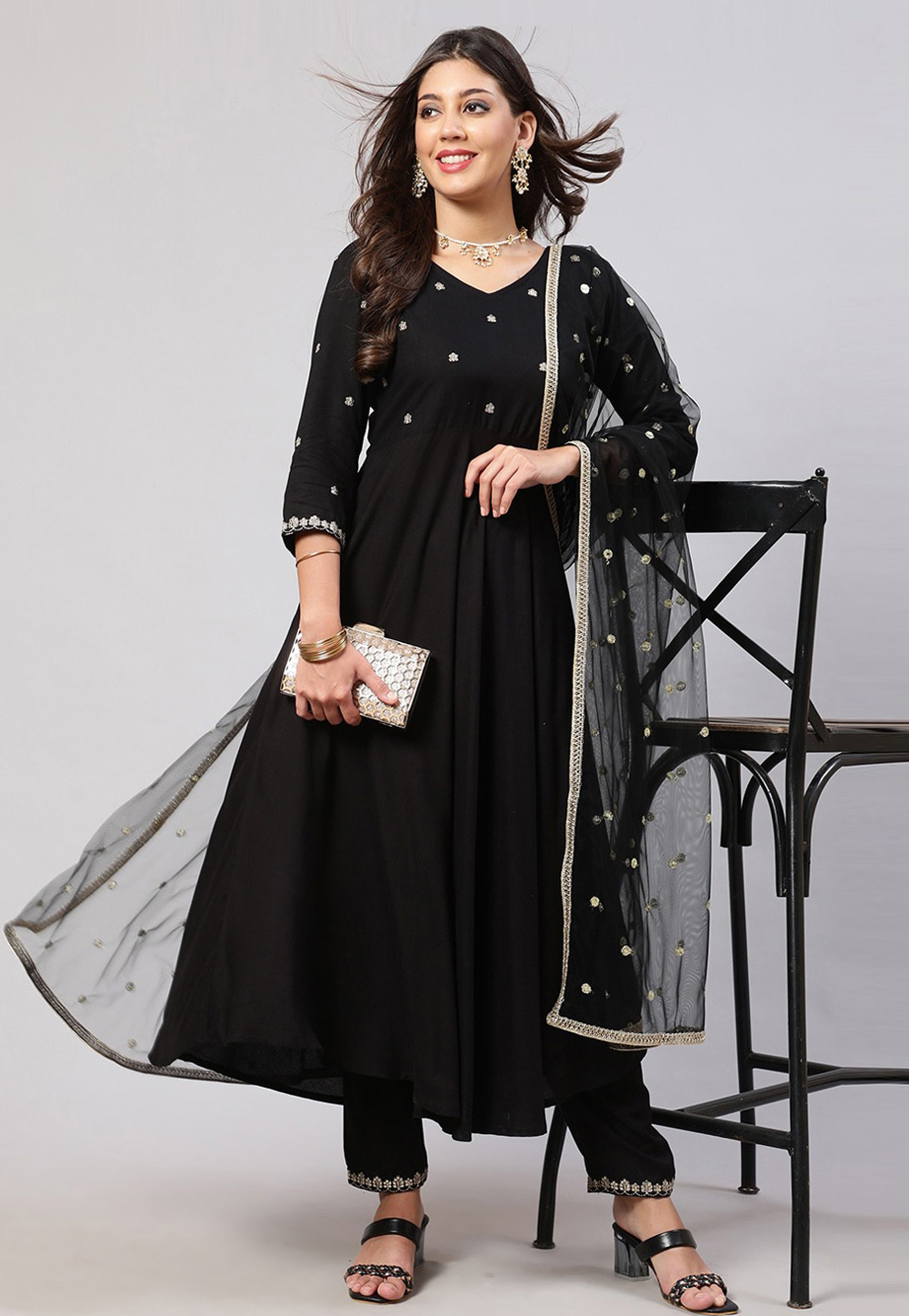 Black Viscose Rayon Readymade Pakistani Suit 270040