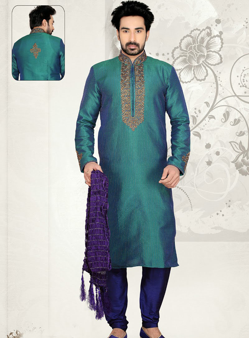 Teal Art Dupian Silk Kurta With Churidar 47732