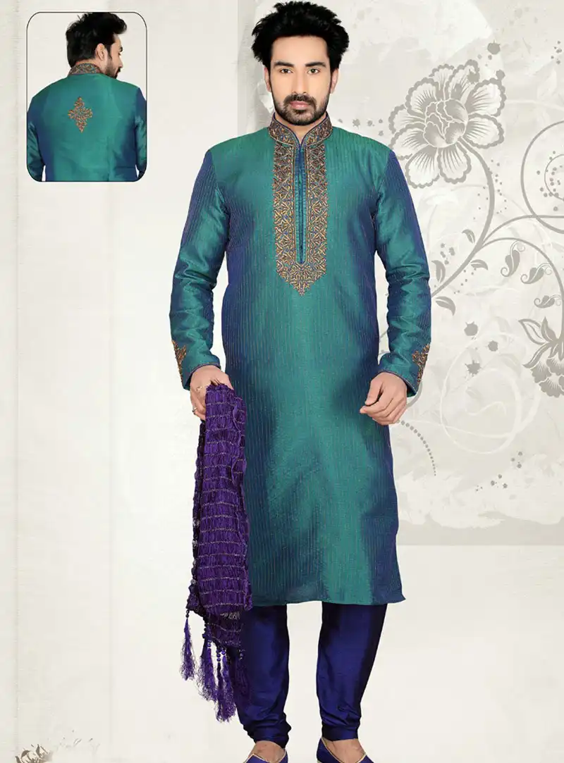Teal Art Dupian Silk Kurta With Churidar 47732