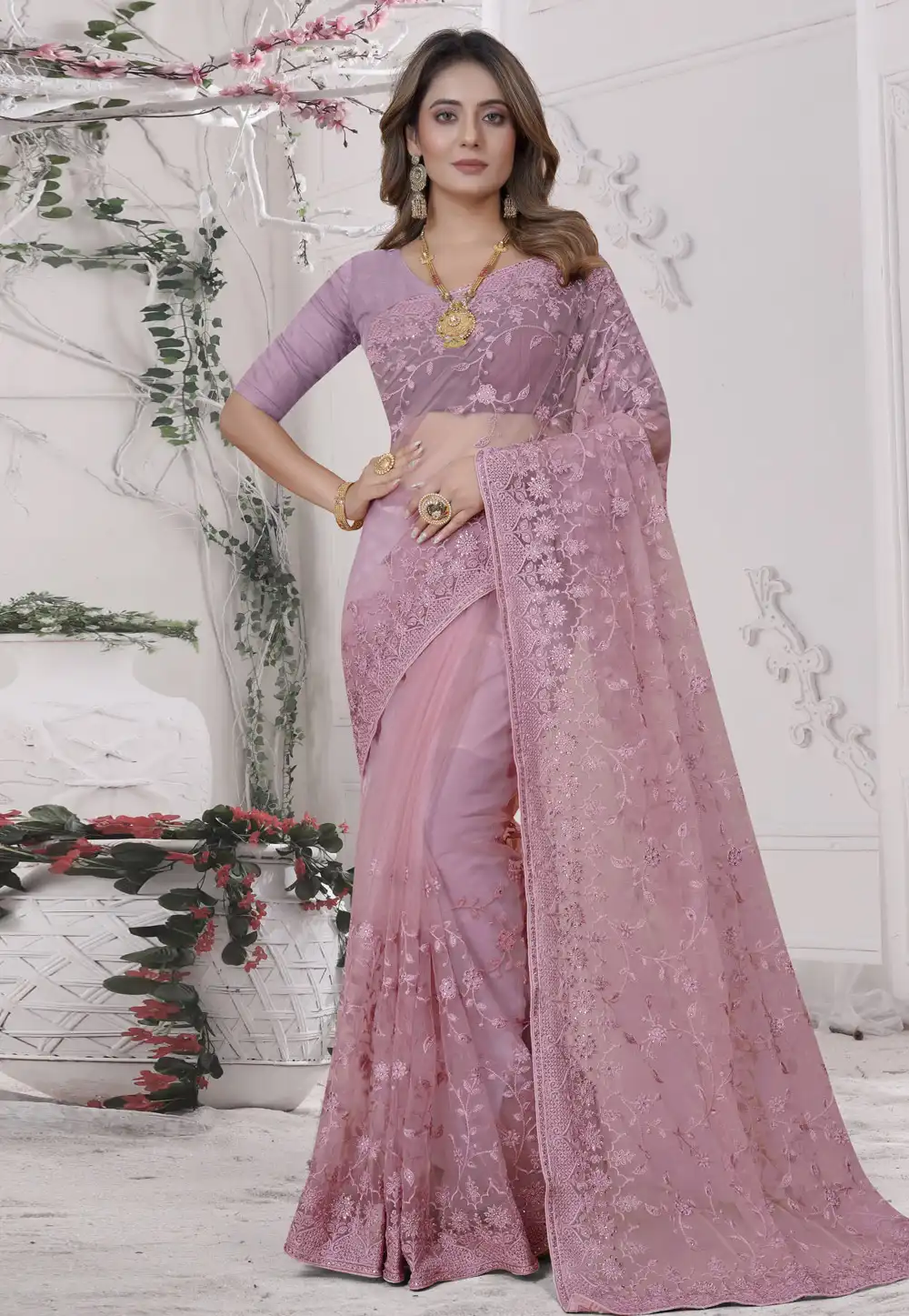 Pink Net Saree With Blouse 269798