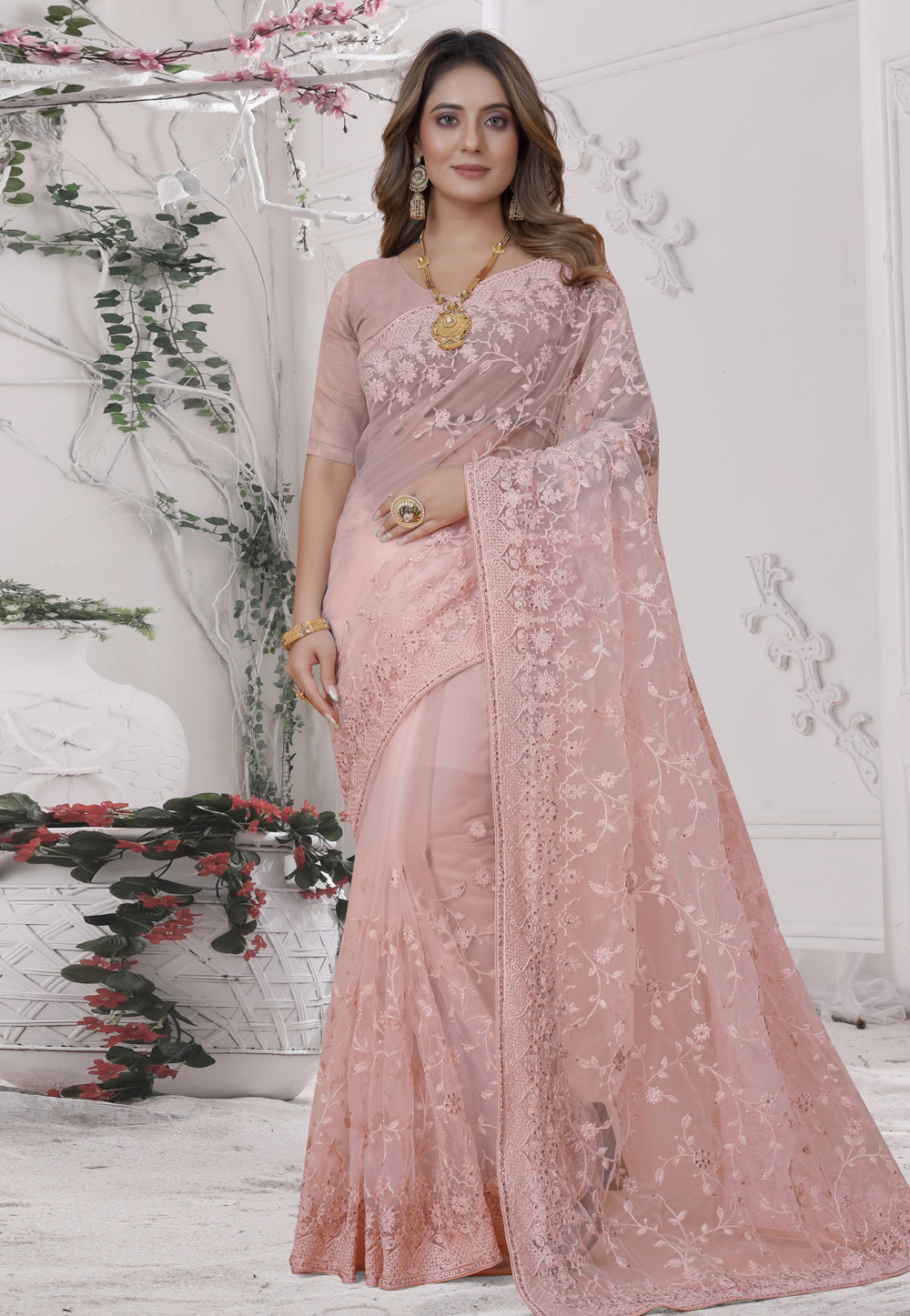 Peach Net Saree With Blouse 269799