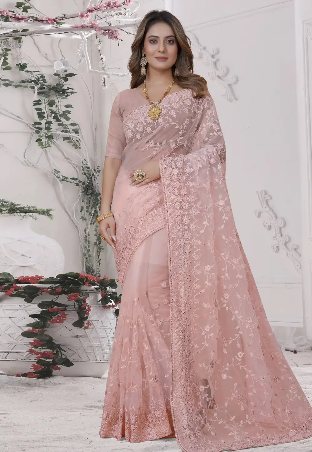 Peach Net Saree With Blouse 269799