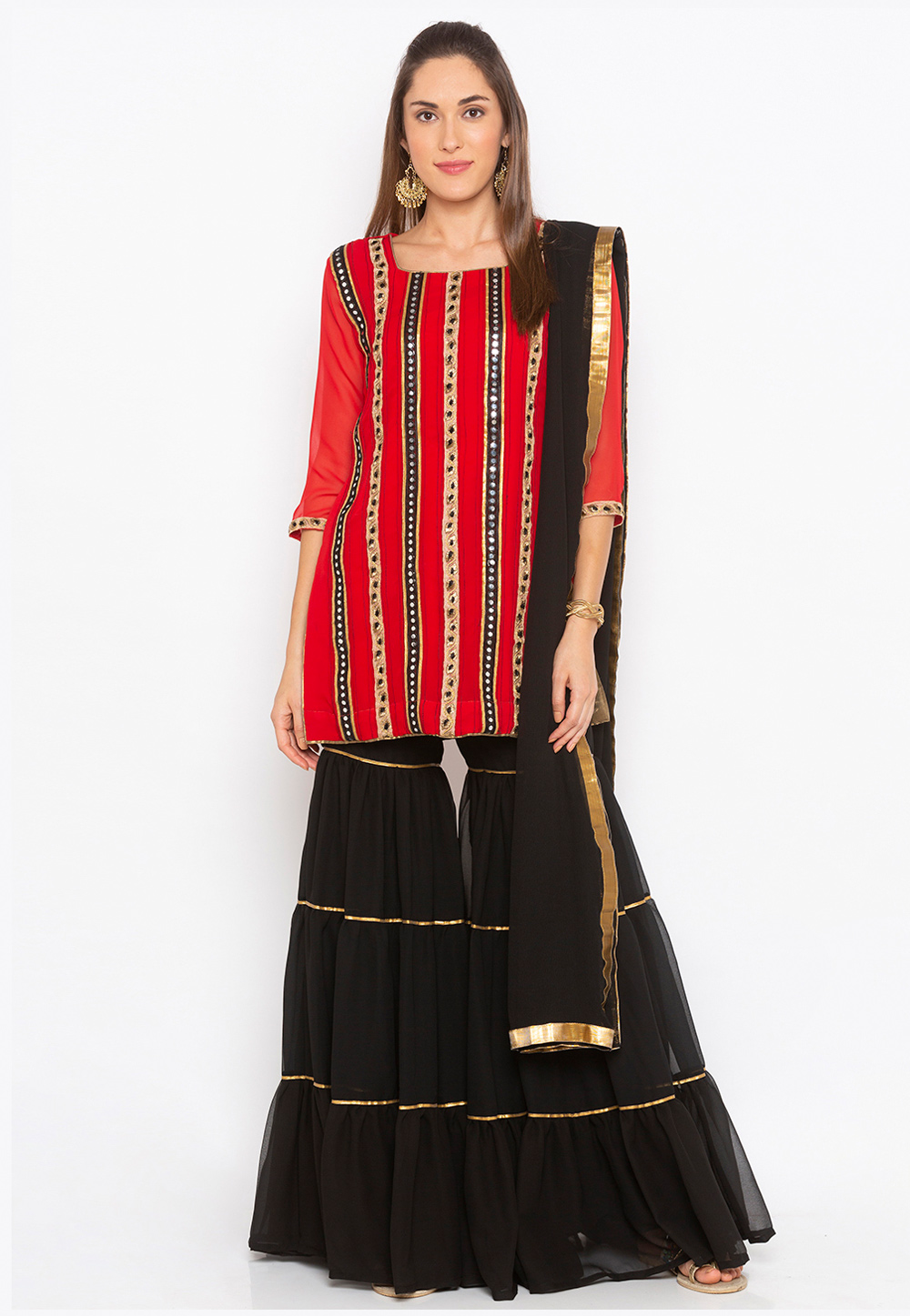 Red Georgette Readymade Sharara Suit 223486