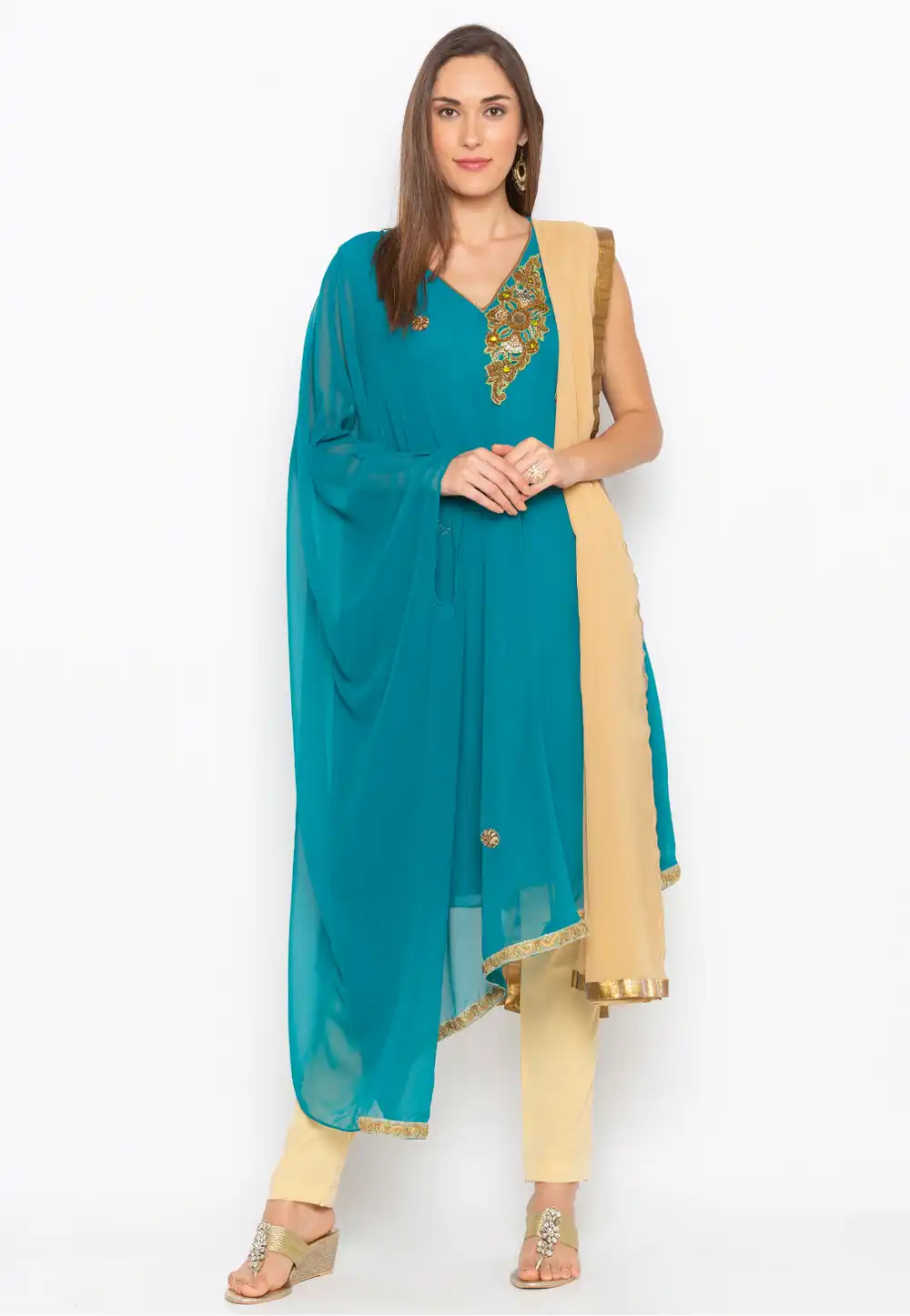 Turquoise Georgette Readymade Kameez With Pant 246142